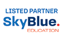 The text LISTED PARTNER SkyBlue EDUCATION is displayed, with SkyBlue in bold blue letters and a red dot after it.