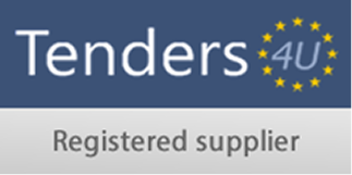 Logo: Blue background featuring Tenders 4U in white and blue, encircled by yellow stars. Beneath, gray text reads Registered supplier on a light background.