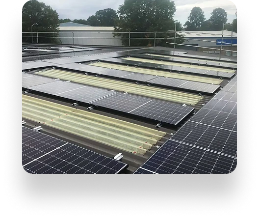Solar panels arranged in rows on a flat rooftop at The Box Factory, with trees and a cloudy sky in the background. Some panels glisten, and a safety railing outlines the roofs edge.