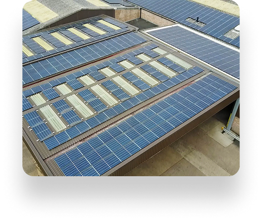 Rooftop of The Box Factory with parallel rows of solar panels, efficiently capturing sunlight. The industrial building has a flat, expansive roof and minimal surroundings.
