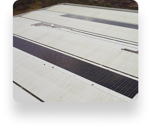 Aerial view of TVS Supply Chain Solutions large industrial building with a white rooftop covered in solar panels, surrounded by greenery and pathways.