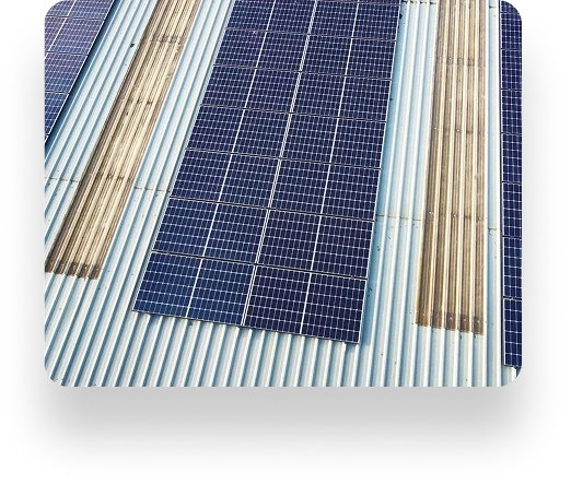 Rows of solar panels on a ribbed metal rooftop, angled for efficient sunlight capture. The sleek grid-like pattern contrasts with the light-colored roof, reflecting WePacks commitment to innovation.