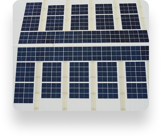Rooftop with rows of rectangular solar panels from Wefen, displaying a clean and organized installation. Panels are evenly spaced on a flat surface for efficient energy capture.