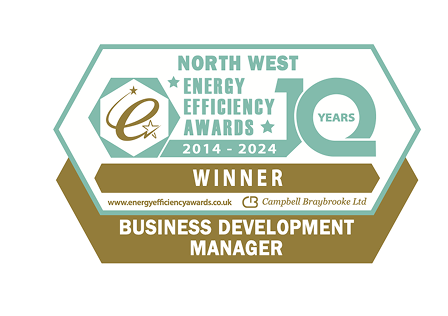 Logo for the North West Energy Efficiency Awards 2014-2024, with a stylized hexagon, Winner, Business Development Manager, Campbell Braybrooke Ltd, and website info.