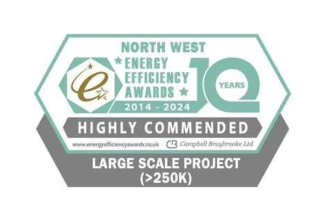 Logo for North West Energy Efficiency Awards 2014-2024, with text Highly Commended Large Scale Project (>250K). Features Campbell Braybrooke Ltd logo and marks 10-year anniversary.