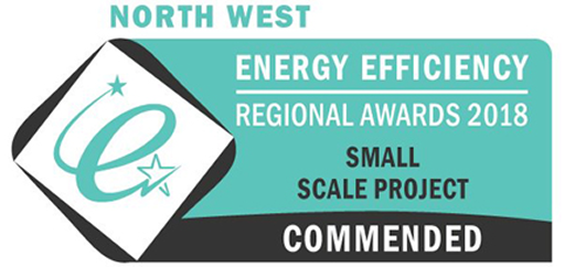 Logo for North West Energy Efficiency Regional Awards 2018, featuring a commendation for a small-scale project. Design includes a stylized e, small stars, and uses teal, black, and white colors.