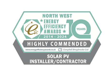 Award badge for North West Energy Efficiency Awards 2014-2024, solar PV installer.