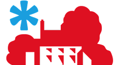Stylized red factory icon with three smokestacks emitting red clouds over Alt Valley. Large blue asterisk in the upper left on a transparent background.