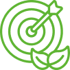 Green target icon with an arrow hitting the center, two leaves at the bottom, symbolizing precision.