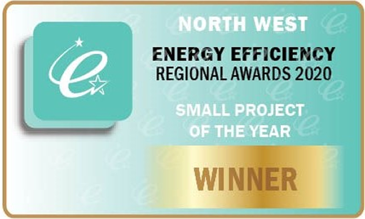 Plaque for North West Energy Efficiency Regional Awards 2020. It features Small Project of the Year with Winner in bold on a gold strip. A stylized e with stars is on the left.