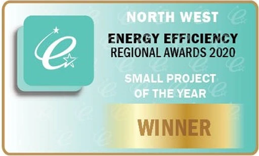 Plaque for North West Energy Efficiency Regional Awards 2020. It features Small Project of the Year with Winner in bold on a gold strip. A stylized e with stars is on the left.
