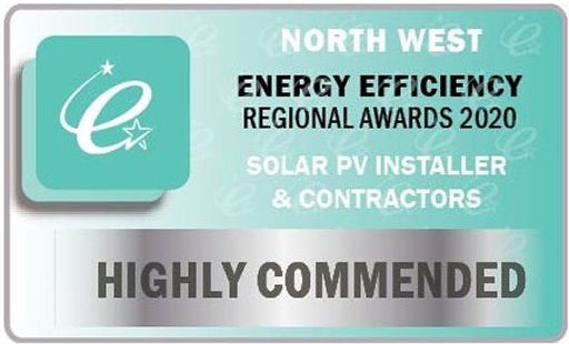 Award plaque for North West Energy Efficiency Regional Awards 2020. It honors solar PV installers and contractors, marked as Highly Commended. Background teal and silver with stylized e logo.