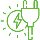 Green electrical plug with a circle containing a lightning bolt, symbolizing electricity or renewable energy.