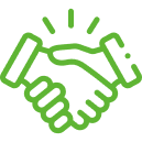 Green handshake icon with motion lines, symbolizing partnership, cooperation, or mutual agreement.