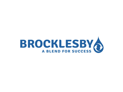 Blue "BROCKLESBY A BLEND FOR SUCCESS" logo with a water droplet and arrows on white.