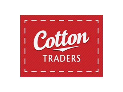 The Cotton Traders logo: bold white cursive "Cotton" above all-caps "TRADERS" on red with a dashed border.