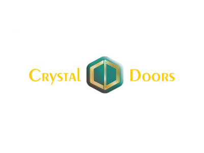 Teal hexagon logo with gold doors; “Crystal” left and “Doors” right, both in yellow text.