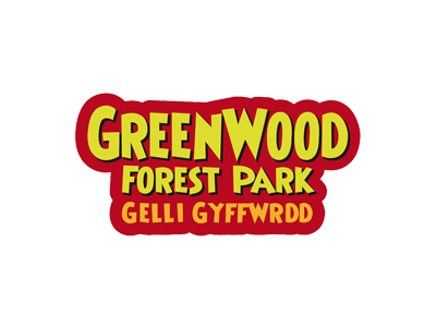 Yellow text, black/red outline, red background: "GREENWOOD FOREST PARK GELLI GYFFWRDD.