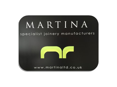 Black sign: "MARTINA specialist joinery manufacturers," green logo, www.martinaltd.co.uk.