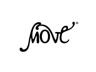 Move" in black cursive, with the first letter shaped like a person, evokes energy and motion.