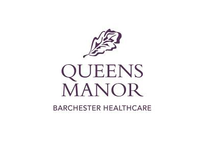 Stylized oak leaf above "QUEENS MANOR" and "BARCHESTER HEALTHCARE" in dark purple text.