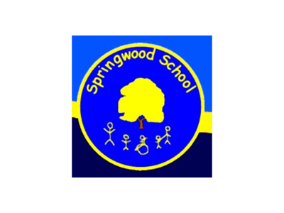 Circular Springwood School logo: yellow tree center, stick kids, blue background, yellow name.