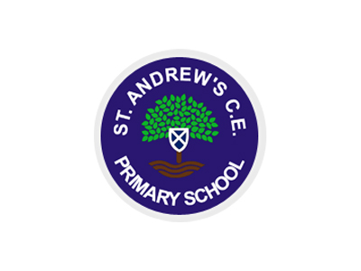 St. Andrew's C.E. School logo: green tree on shield, blue circle, white school name around edge.