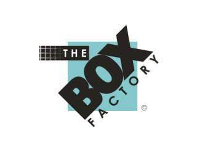 The Box Factory" logo: "BOX" bold, black, diagonal on blue square; "THE" above; "FACTORY" vertical right.