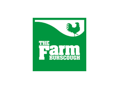 Green and white logo for The Farm Burscough with a rooster silhouette above the text.
