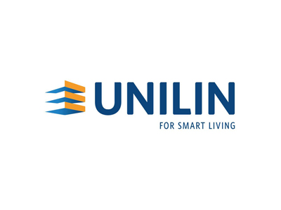 UNILIN logo: blue/yellow shapes left of bold blue "UNILIN", "For Smart Living" below on white.
