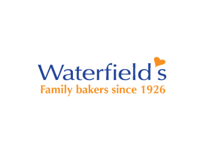 Waterfield's logo: blue/orange text, orange heart-dot on "i", "Family bakers since 1926.