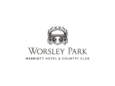 Worsley Park Marriott logo: ornate arch with foliage above hotel name in elegant uppercase font.