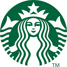 Starbucks green logo: crowned siren with two tails, wavy hair, in a green circle.