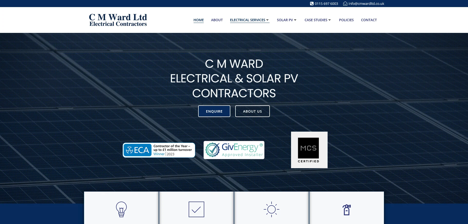 Homepage of Wing Energy, a renewable energy company specializing in solar panel installation, battery storage, and EV charger installation. The website's navigation menu offers links to sections like Solar Panel Installation, Battery Storage, and EV Chargers. The main banner showcases an image of solar panels installed on a rooftop, accompanied by bold text introducing the company and its services. A prominent blue button labeled 'Get Your Free Quote!' encourages user engagement.