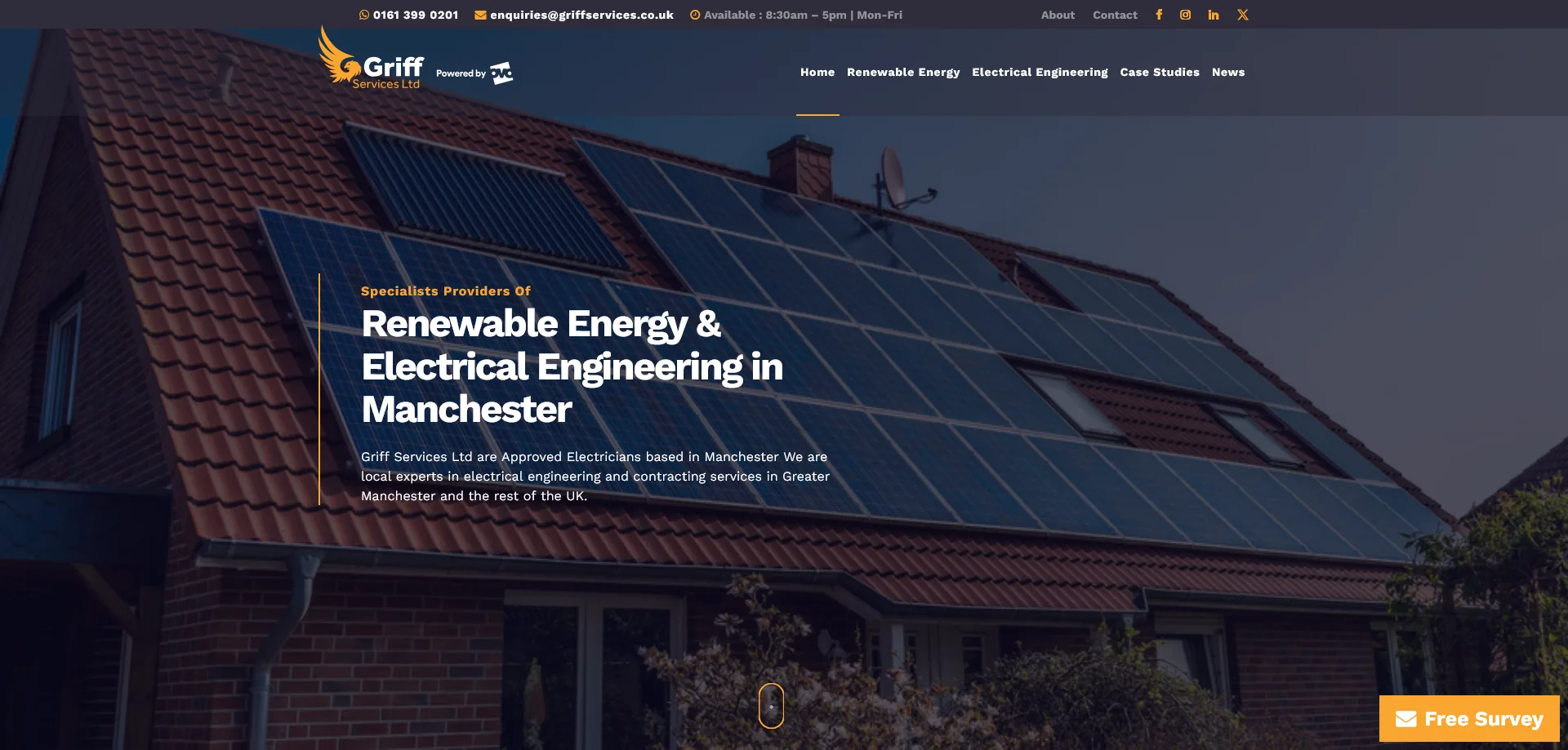 Website homepage of Griff Services Ltd, featuring a large solar panel installation on a roof. The text on the page highlights that Griff Services Ltd are specialists in renewable energy and electrical engineering based in Manchester. The contact information includes a phone number (0161 393 0201) and an email address (enquiries@griffservices.co.uk). The website navigation menu includes links to Home, Renewable Energy, Electrical Engineering, About, and Contact pages.