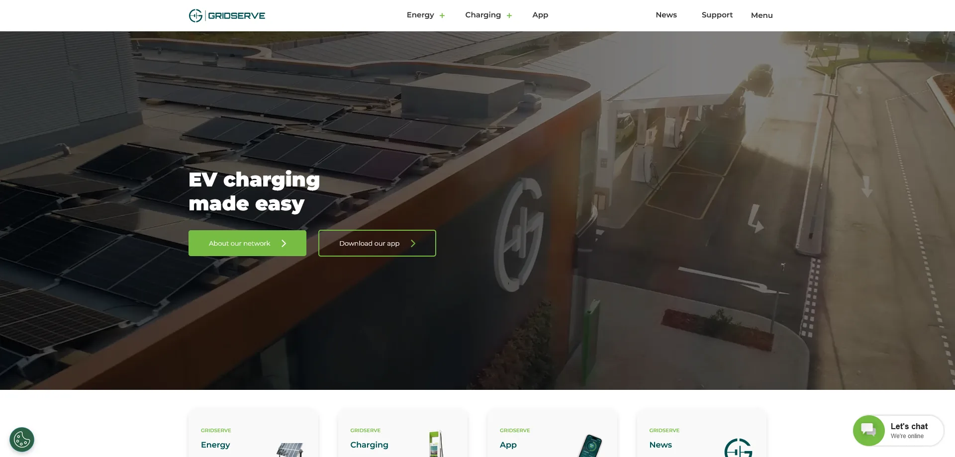 Homepage of EvoEnergy, showcasing a cityscape background with modern buildings. The page features bold white text introducing 'Renewable Energy Solutions,' along with a short description highlighting the company's expertise in helping businesses save money, reduce emissions, and secure future energy generation.