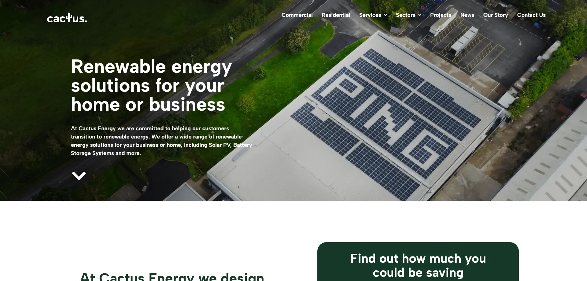 Advertisement for Cactus Energy, a renewable energy solutions provider. The image features a green landscape with a road and buildings. Text on the image highlights the company’s offerings, including Solar PV and Battery Storage Systems, and their commitment to helping customers transition to renewable energy.