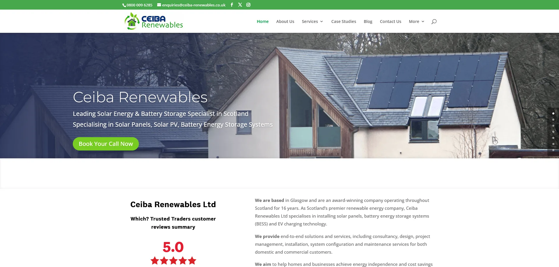 Ceiba Renewables website homepage featuring a house with solar panels installed on the roof. The banner highlights the company's expertise in solar energy and battery storage solutions, emphasizing services like solar panels, solar PV, and battery energy storage systems. The page includes a 5-star rating from Which? Trusted Traders and a call-to-action button labeled 'Book Your Call Now.' Below, text introduces the company’s 16-year experience in renewable energy and its mission to help homes and businesses achieve energy independence through clean technology.