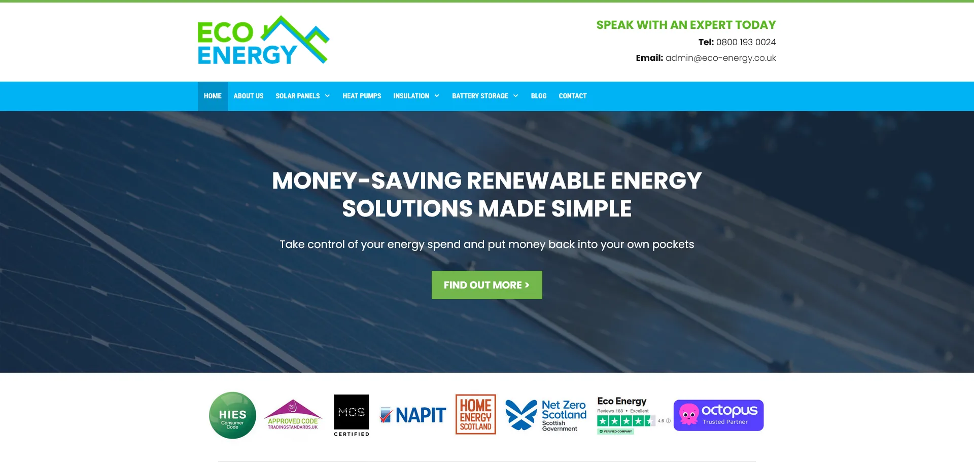 Eco Energy website homepage featuring renewable energy solutions. The header displays the company’s logo, contact details (Tel: 0800 193 0024, Email: admin@eco-energy.co.uk), and a navigation menu with options such as Home, About Us, Solar Panels, Heat Pumps, Insulation, Battery Storage, Blog, and Contact.