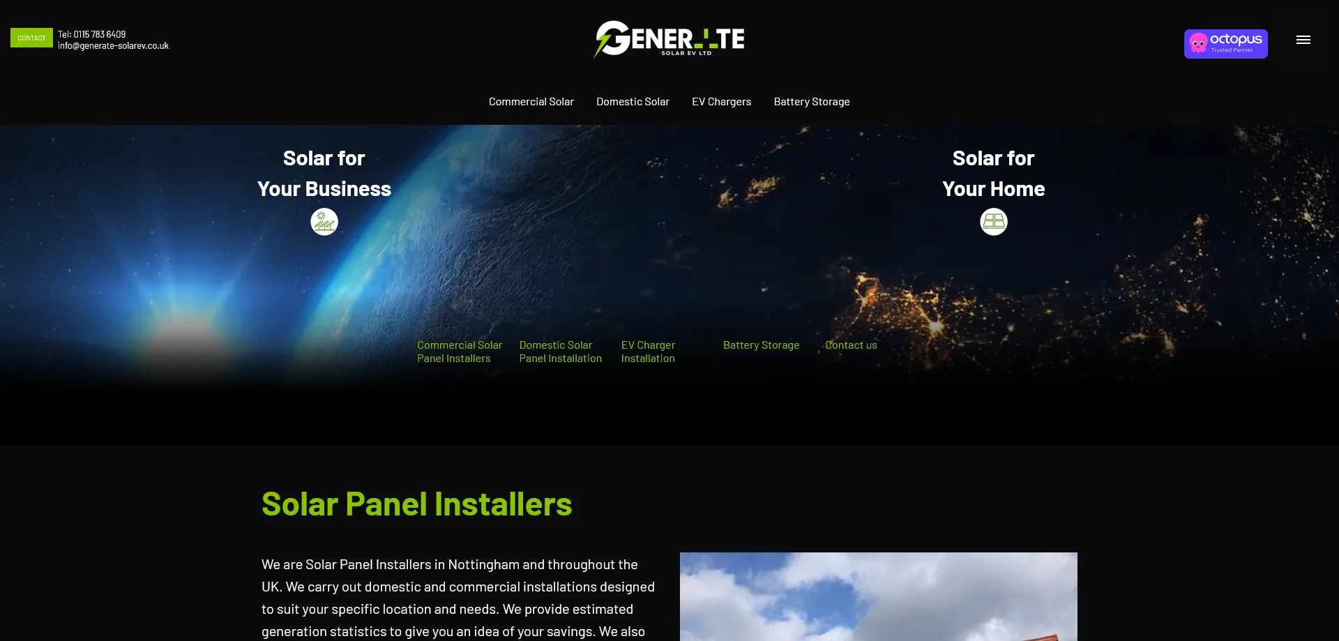 Homepage of Gener8te Solar EV Ltd, a solar panel installation company. The website header displays contact details, including a phone number and email. Below it, navigation links direct users to services such as Commercial and Domestic Solar, EV Chargers, and Battery Storage. The main section features a space-themed background with two call-to-action options: 'Solar for Your Business' with a tree icon and 'Solar for Your Home' with a solar panel icon. Further down, a brief company introduction highlights their expertise in solar panel installations across Nottingham and the UK. The image also includes a photograph of solar panels against a cloudy sky.