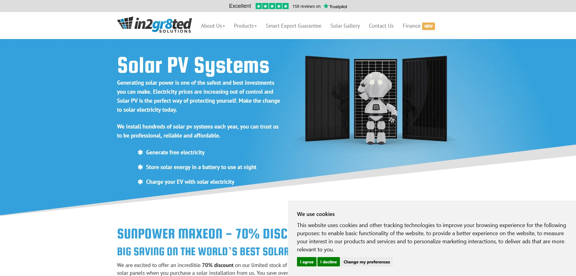 A webpage from in2gr8ted solutions, a company specializing in solar PV systems. The page emphasizes the benefits of solar power, stating that it is one of the safest and best investments to protect against rising electricity costs. It highlights the company's professionalism and reliability, mentioning that they install hundreds of solar PV systems each year.