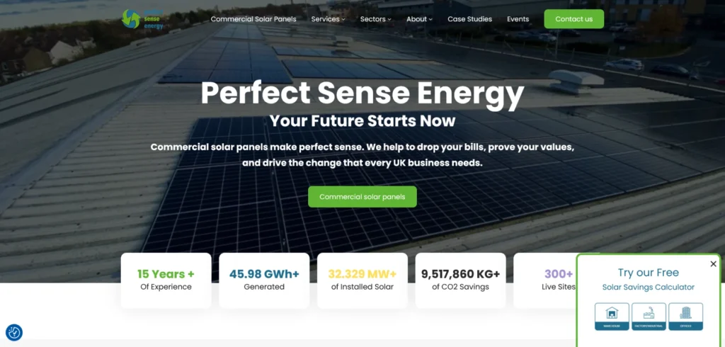Perfect Sense Energy website homepage featuring commercial solar panel solutions. The background showcases a rooftop array of solar panels, emphasizing the company's focus on renewable energy. The main heading reads 'Your Future Starts Now,' with supporting text highlighting benefits like cost savings, sustainability, and industry-wide impact. A green button labeled 'Commercial Solar Panels' invites users to learn more. Statistics displayed include '14+ Years of Experience,' '42.56 GWH+ Generated,' '29.982 MW+ of Installed Solar,' '8,821,431 KG+ of CO2 Savings,' and '300+ Live Sites.