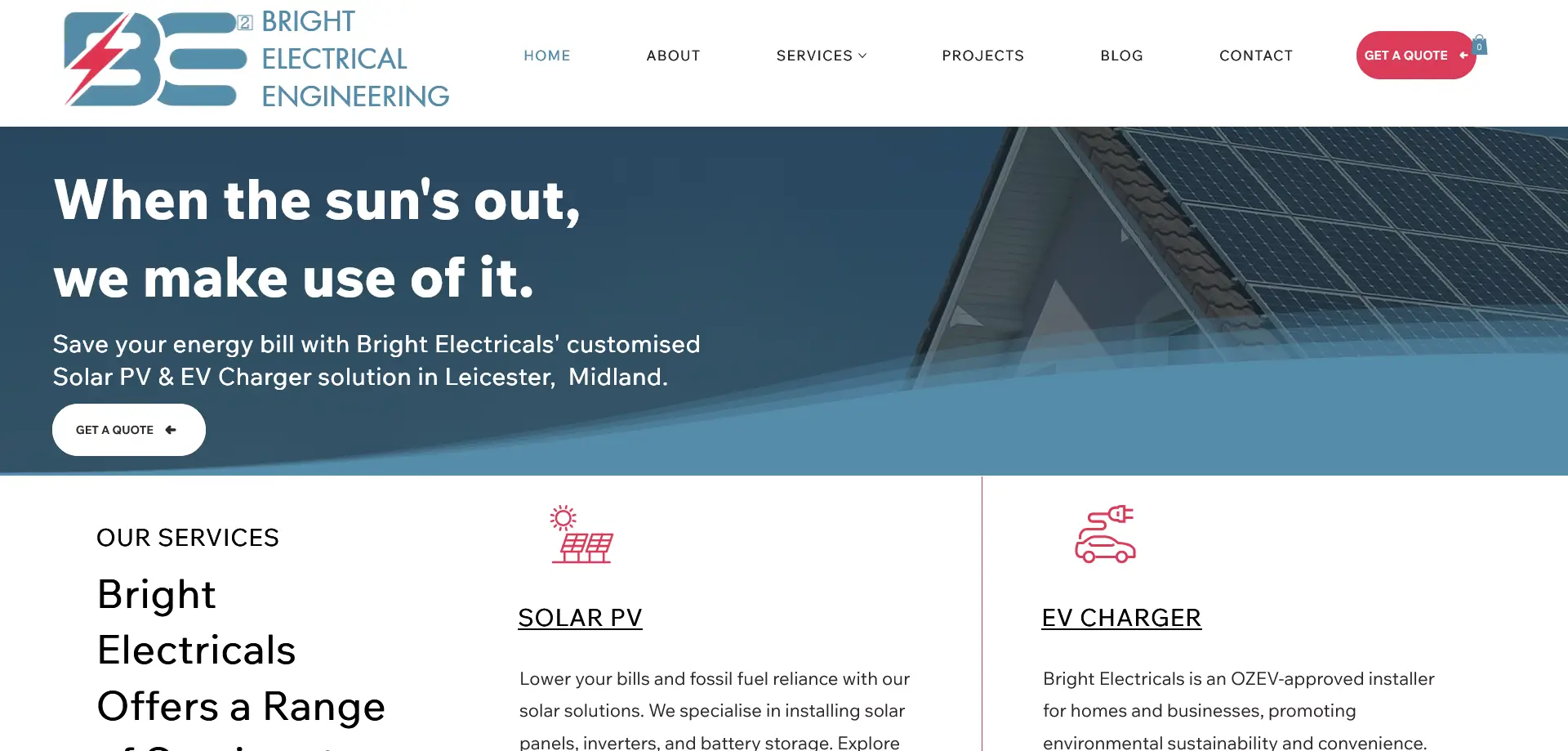 Screenshot of Bright Electrical Engineering’s website homepage, featuring solar panels and sections about solar PV, EV chargers, and electrical services.