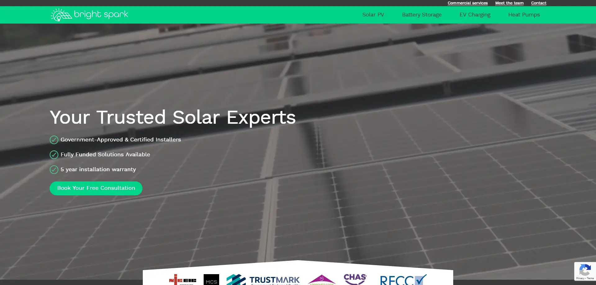 A screenshot of the Bright Spark website homepage, which specializes in solar energy solutions. The background features a close-up of solar panels, reinforcing the company's focus on renewable energy.