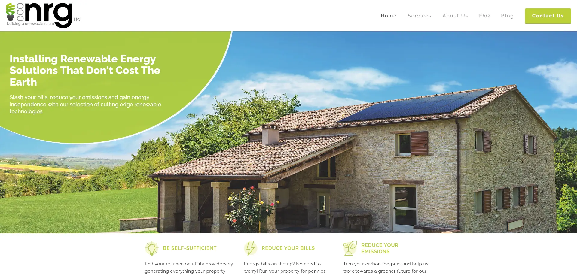 A promotional banner for eco nrg Ltd, a company specializing in renewable energy solutions. The image features a house with solar panels installed on the roof, set against a scenic backdrop of greenery and a clear blue sky.