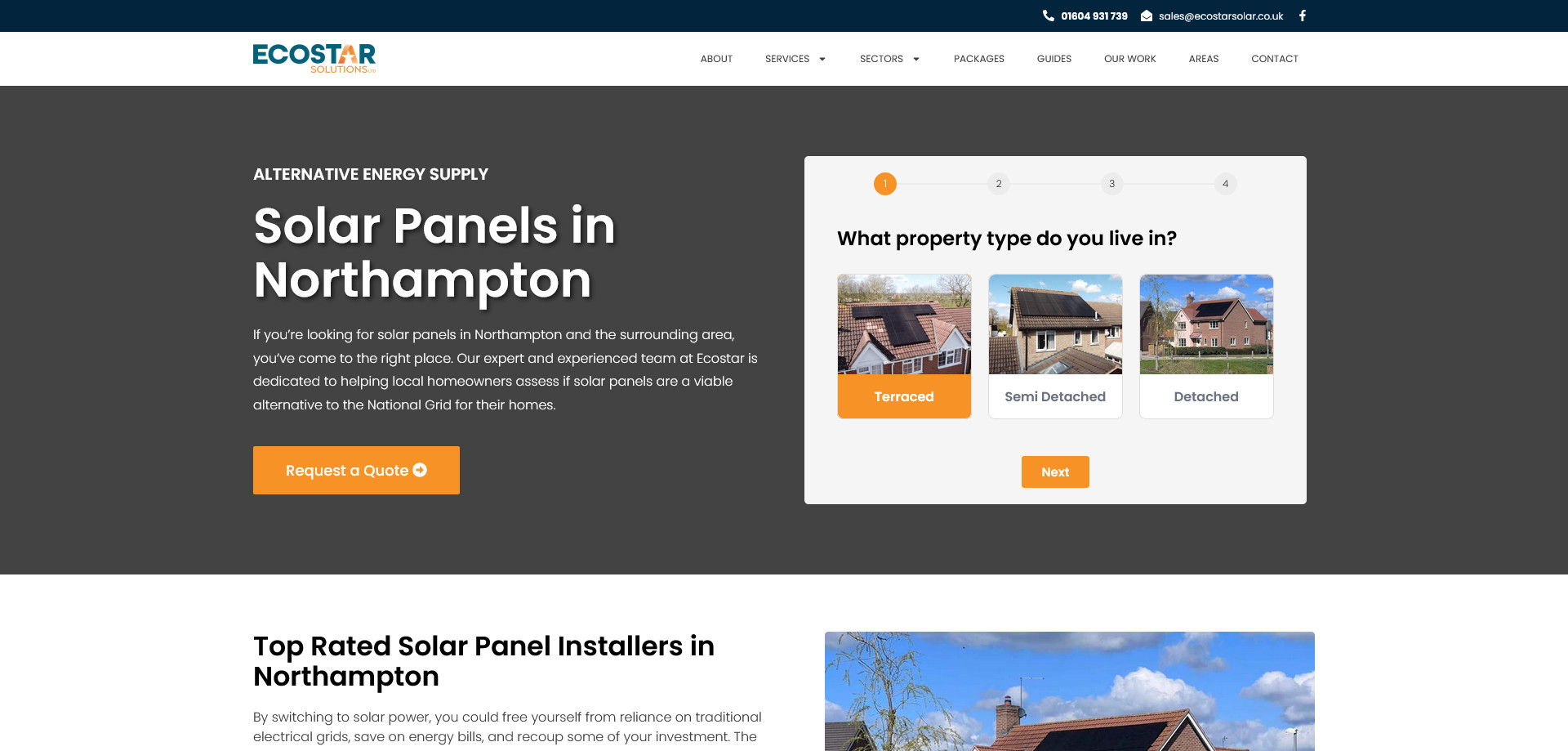 Website for Ecostar Solutions promotes solar panels in Northampton. Includes property type options: Terraced, Semi Detached, Detached, and a quote button.