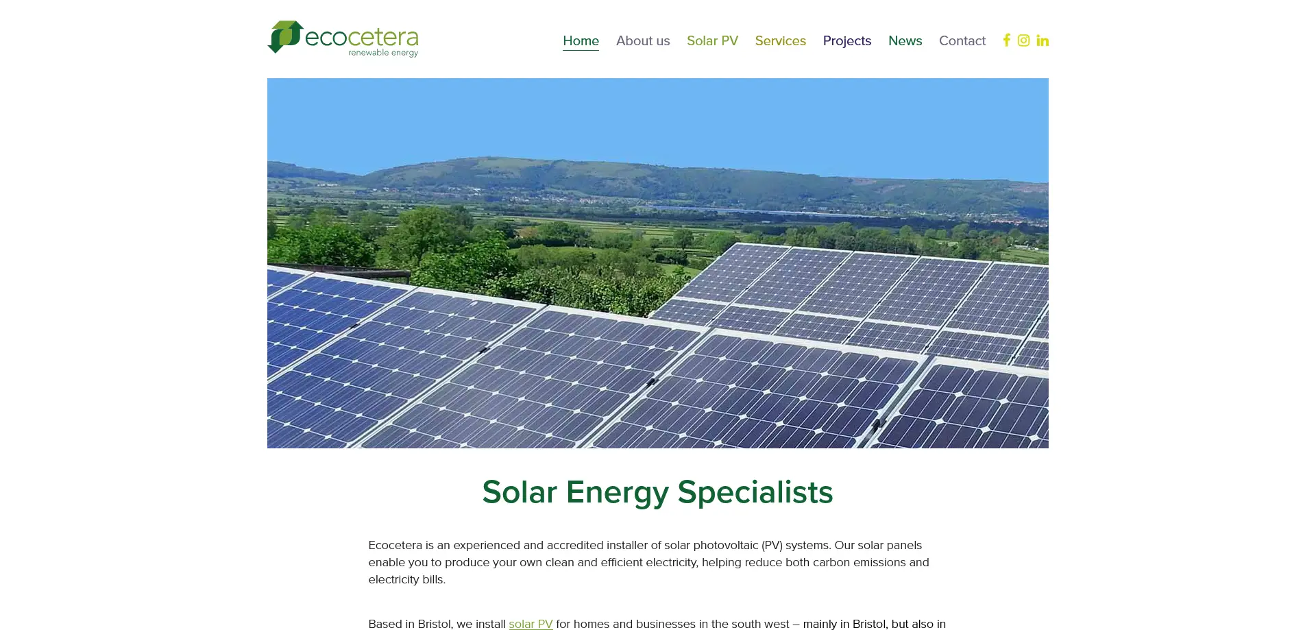A screenshot of the Ecocetera website homepage, highlighting its expertise in solar energy solutions. The header includes the Ecocetera logo and navigation menu with sections such as Home, About Us, Solar PV, Services, Projects, News, and Contact, along with social media icons for Facebook, Instagram, and LinkedIn.
