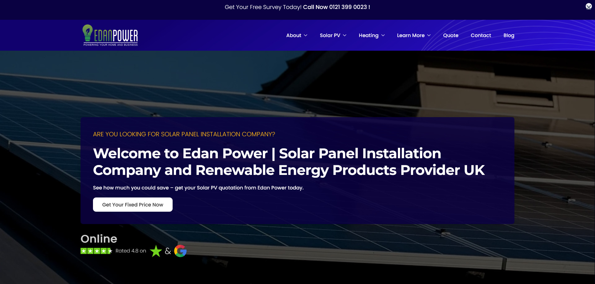 Website header for Edan Power showcasing solar panel installation services in the UK. Features a modern blue design and navigation menu.