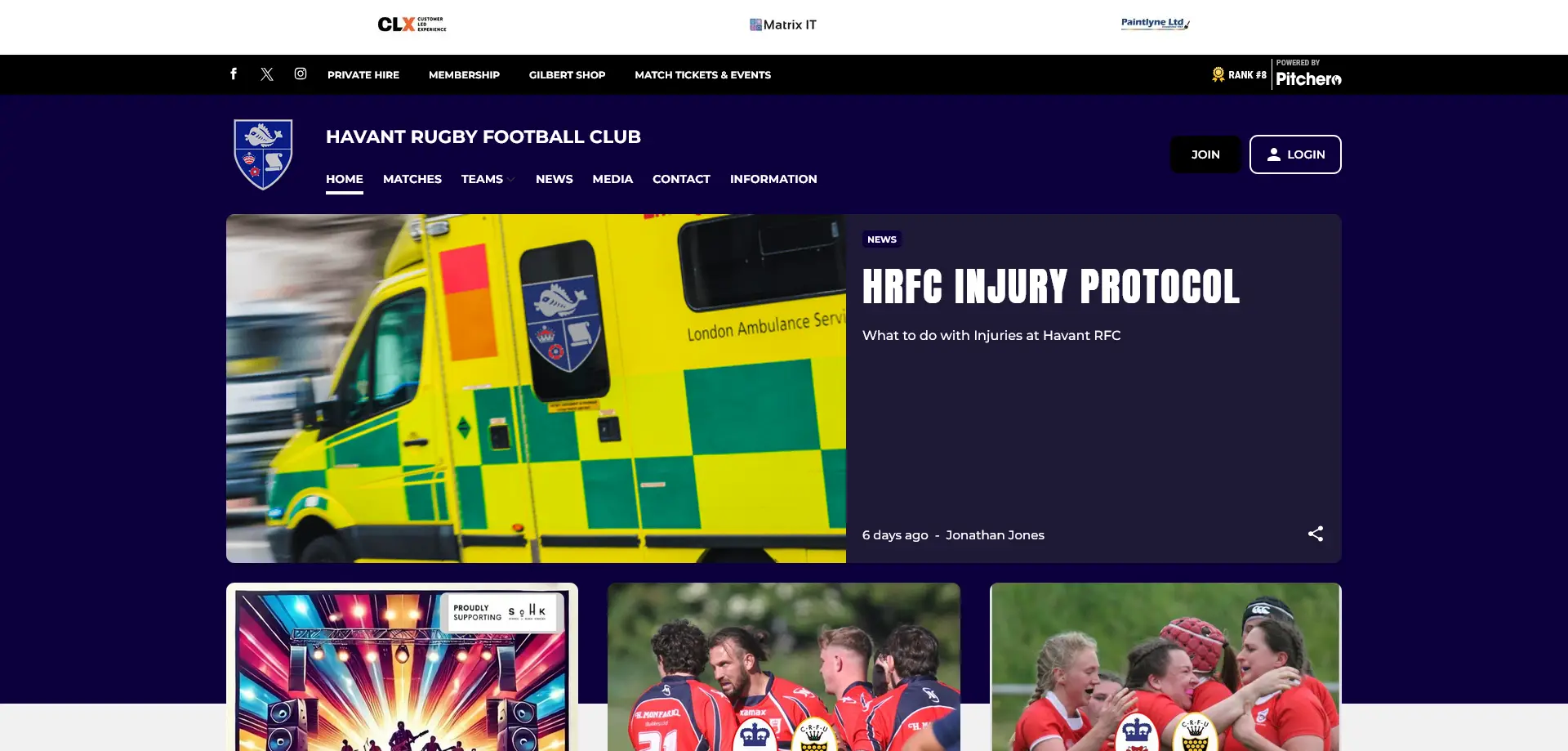 A screenshot of the Havant Rugby Football Club website. The header features links for Private Hire, Membership, Gilbert Shop, and Match Tickets & Events, along with social media icons for Facebook, Twitter, and Instagram.