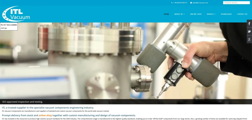 A screenshot of the ITL Vacuum website, highlighting the company’s expertise in vacuum components engineering. The header features the ITL Vacuum Components logo, contact details, and a navigation menu for sections like Products, Services, About Us, and Online Shop.